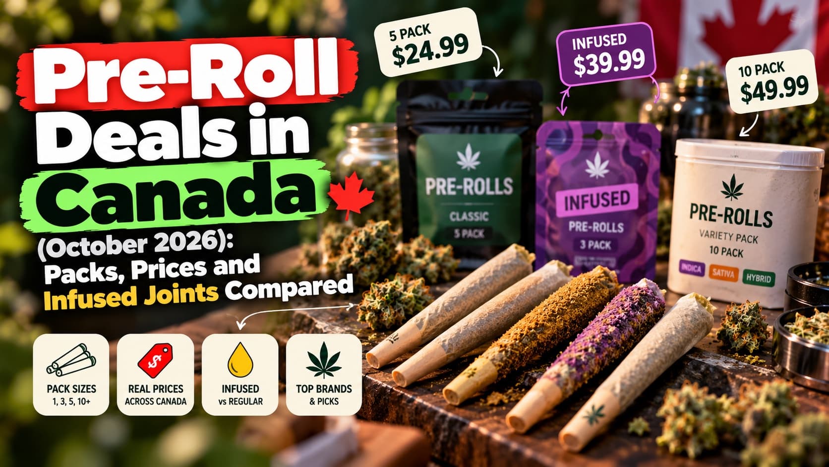 Pre-roll packs including a classic five-pack, an infused three-pack and a ten-pack variety tin, beside a row of rolled pre-rolls and cannabis buds