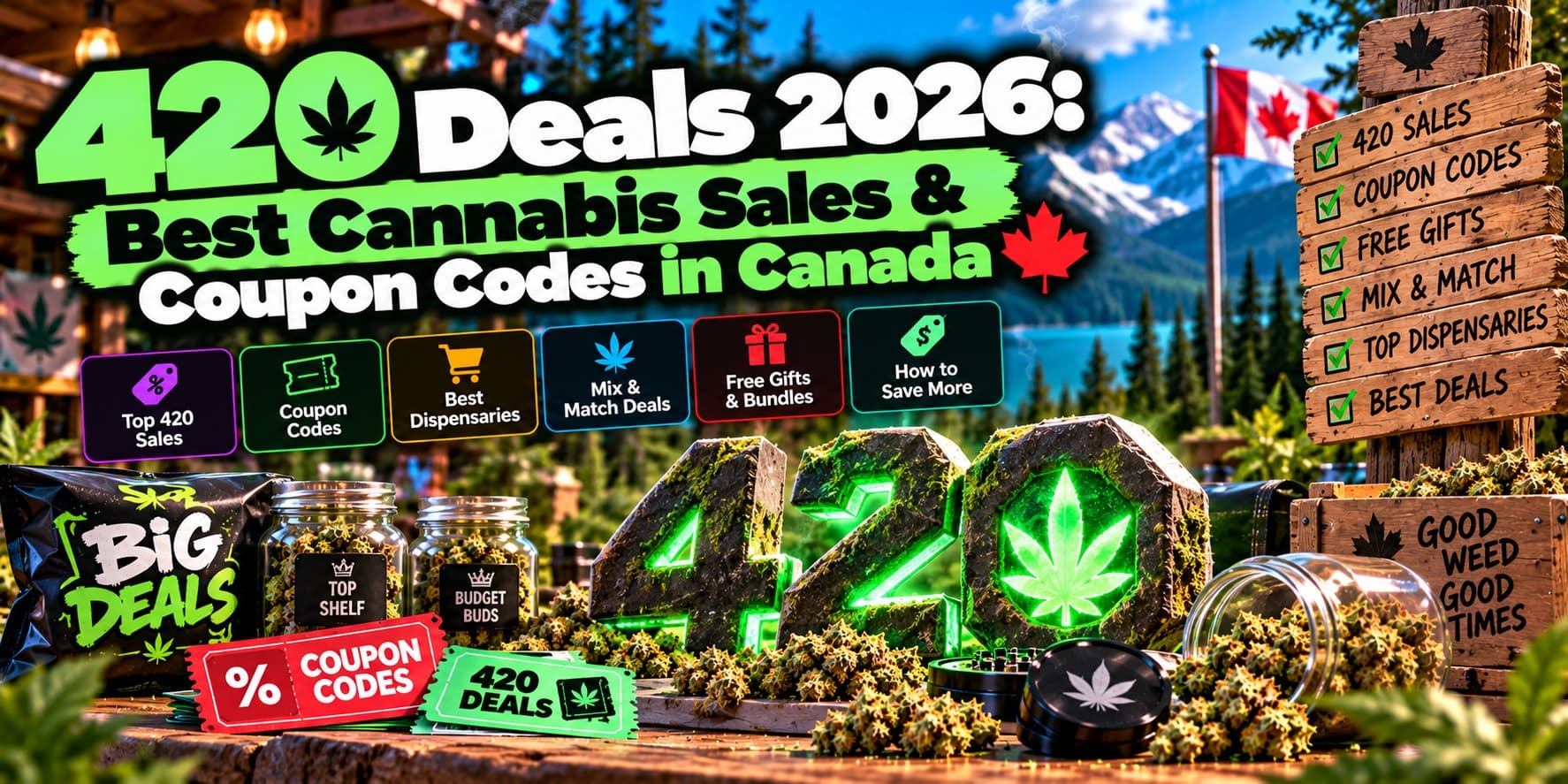 A large glowing 420 sign surrounded by cannabis jars, coupon code tickets and a signpost for 420 sales, free gifts and mix and match deals