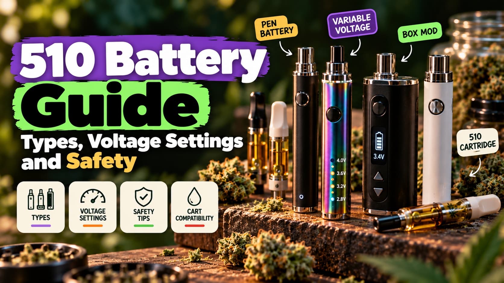 Several 510 vape batteries, including a pen battery, a variable voltage battery and a box mod, beside 510 cartridges and cannabis buds
