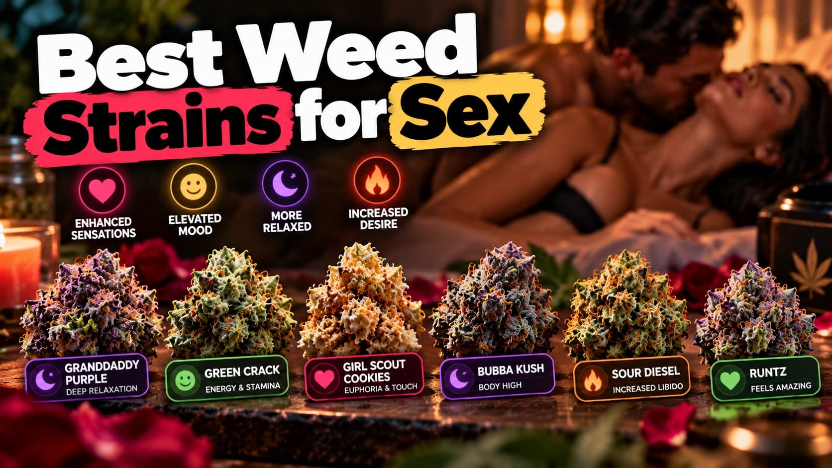 A couple embracing by candlelight behind six labelled cannabis strains, including Granddaddy Purple, Green Crack, Girl Scout Cookies, Bubba Kush, Sour Diesel and Runtz