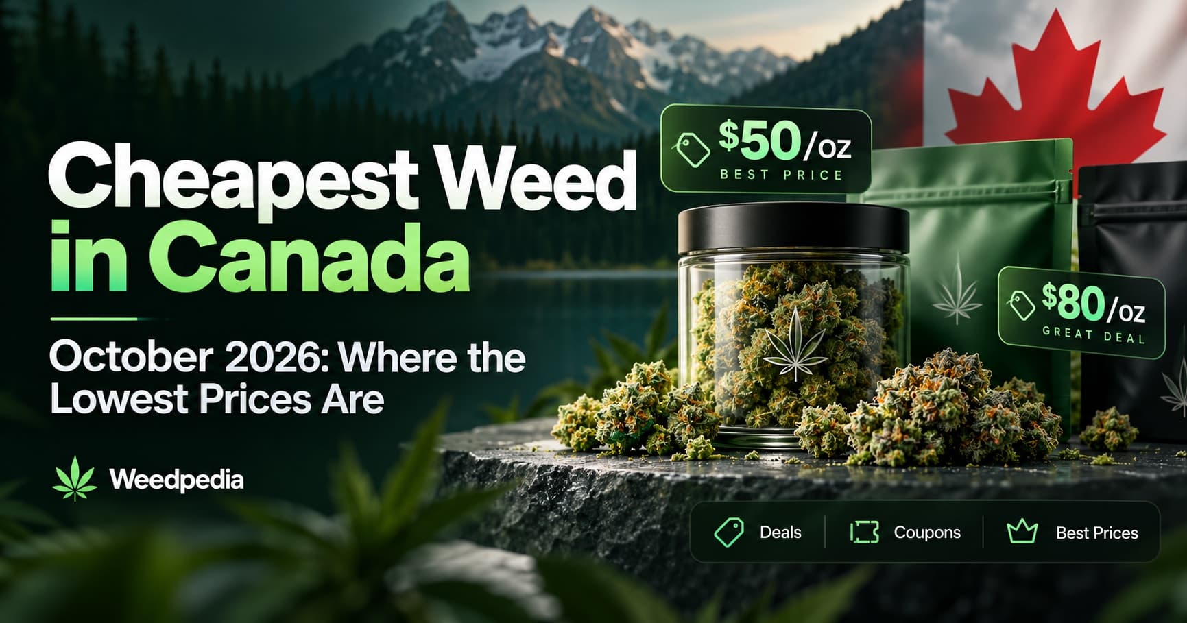 A jar of cannabis buds on a stone ledge in front of mountains and a Canadian flag, with price tags for a cheap ounce and icons for deals, coupons and best prices