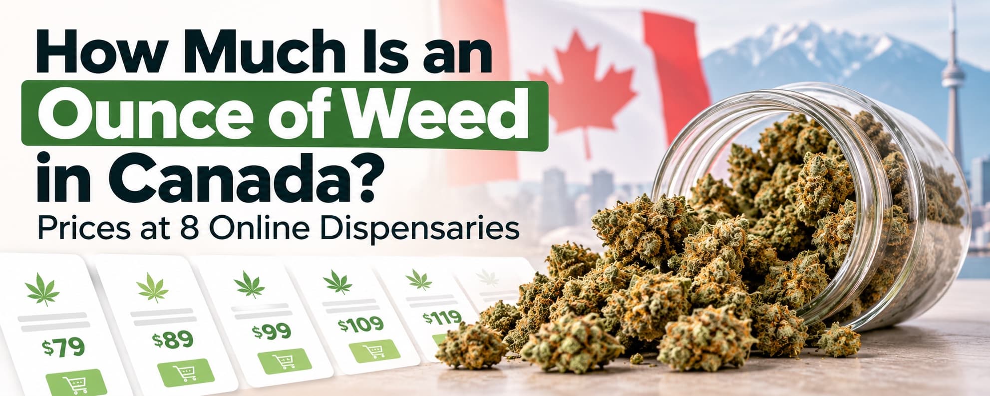 A tipped-over jar of cannabis buds in front of a Canadian flag and the Toronto skyline, beside a row of ounce price cards from online dispensaries