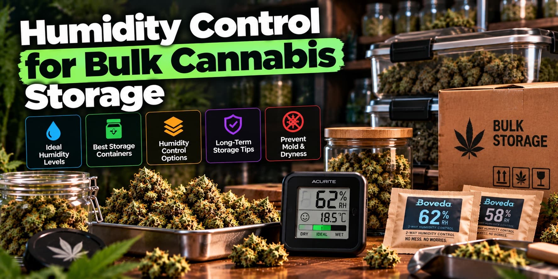 Trays and jars of cannabis buds beside a digital hygrometer, Boveda humidity packs and a bulk storage box
