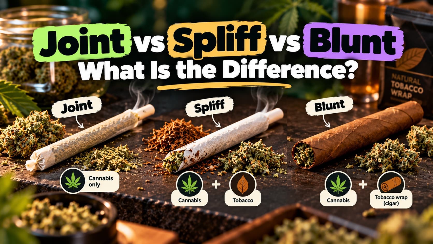 A joint, a spliff and a blunt side by side, labelled cannabis only, cannabis plus tobacco, and cannabis in a cigar-style wrap