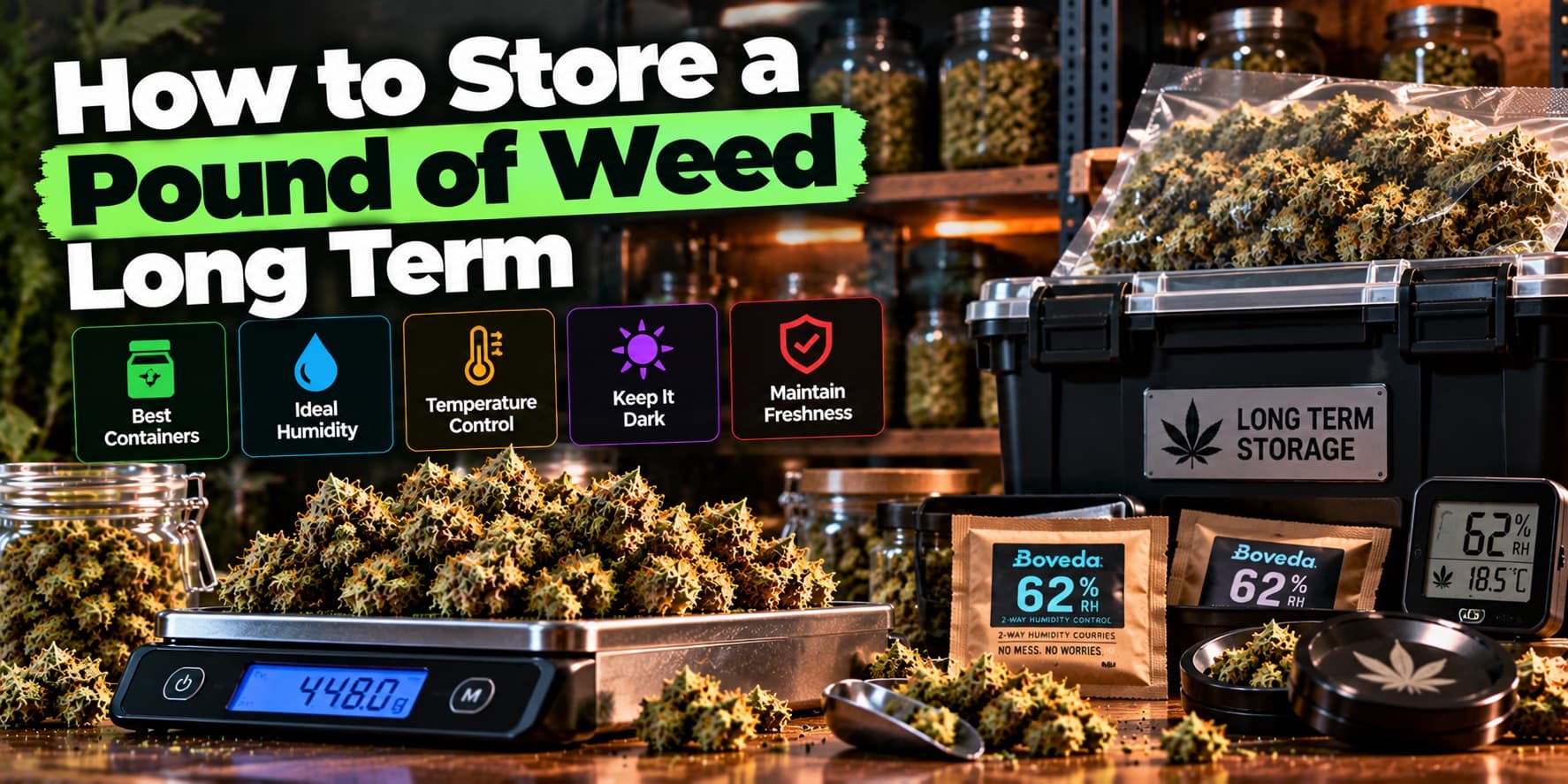 A pound of cannabis buds on a digital scale beside a long-term storage case, Boveda humidity packs and a hygrometer