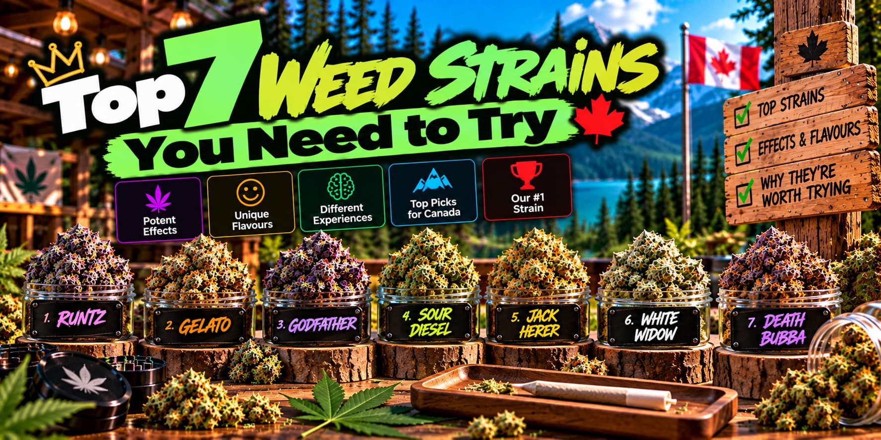 Seven numbered cannabis strains in jars, including Runtz, Gelato, Godfather, Sour Diesel, Jack Herer, White Widow and Death Bubba