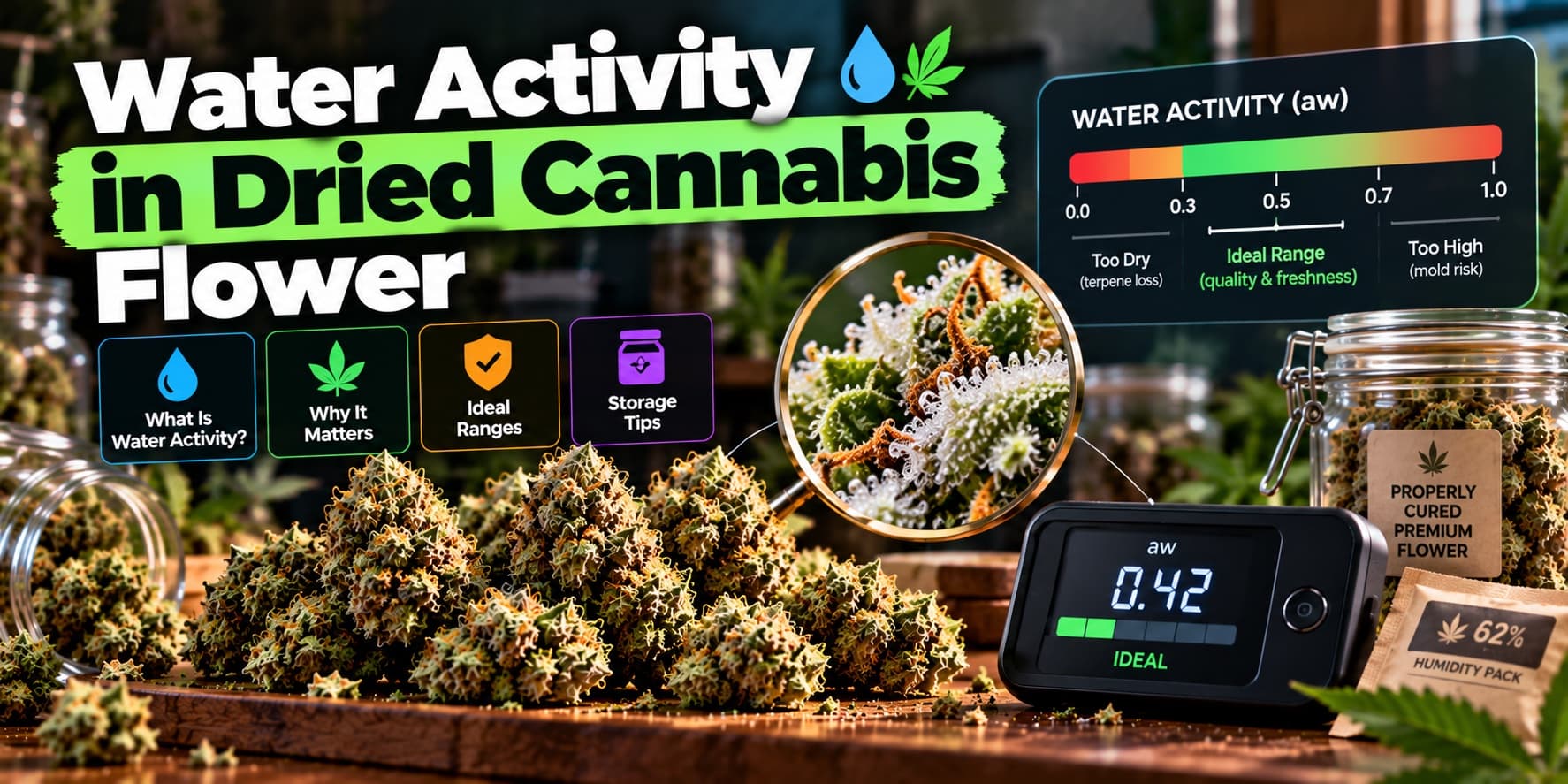 Dried cannabis buds with a magnified view of trichomes, a water activity meter, a humidity pack and a curing jar, beside a water activity scale from too dry to mould risk