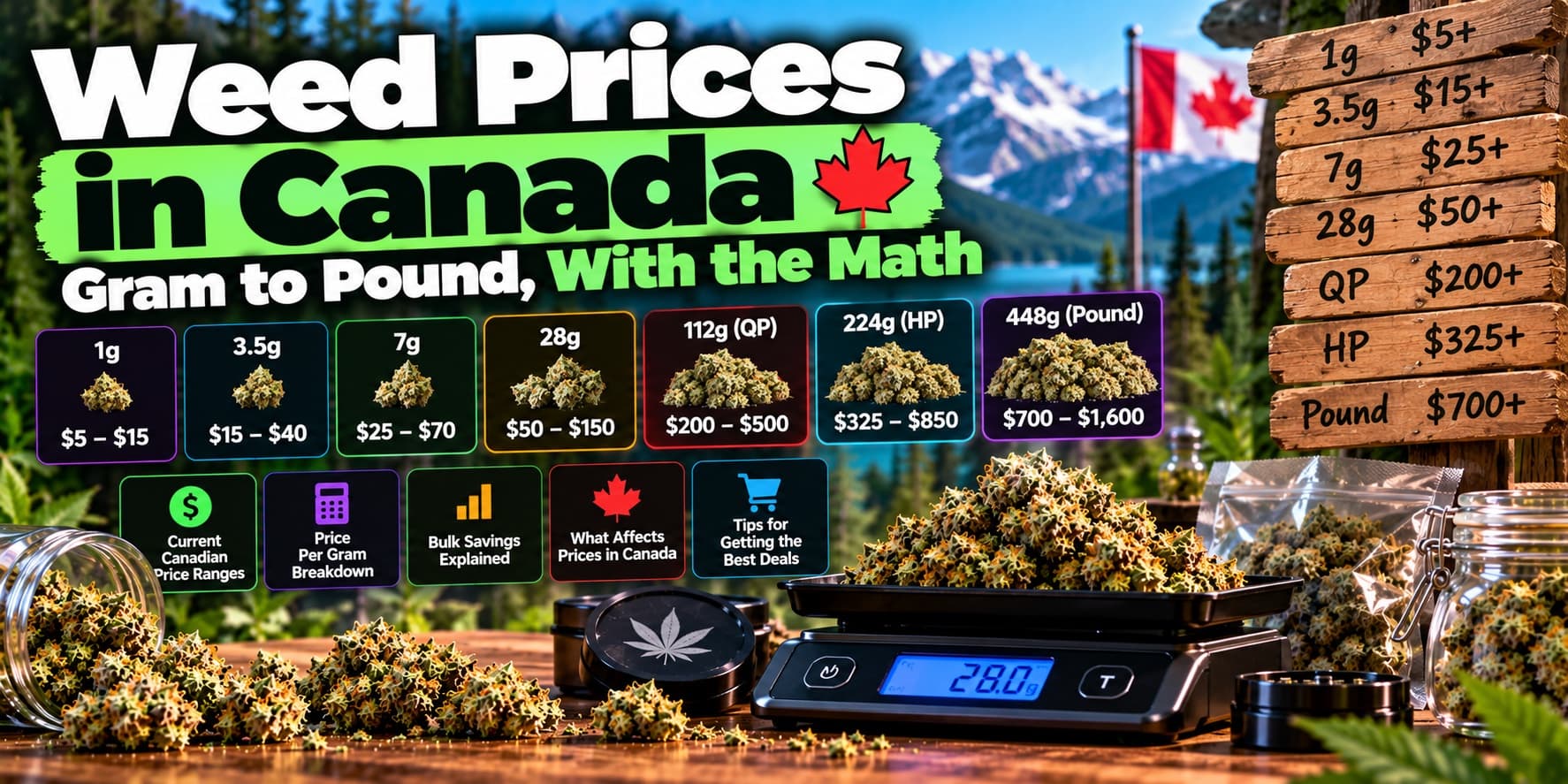 Cannabis buds and a digital scale in front of mountains and a Canadian flag, with price ranges for each weight from a gram to a pound