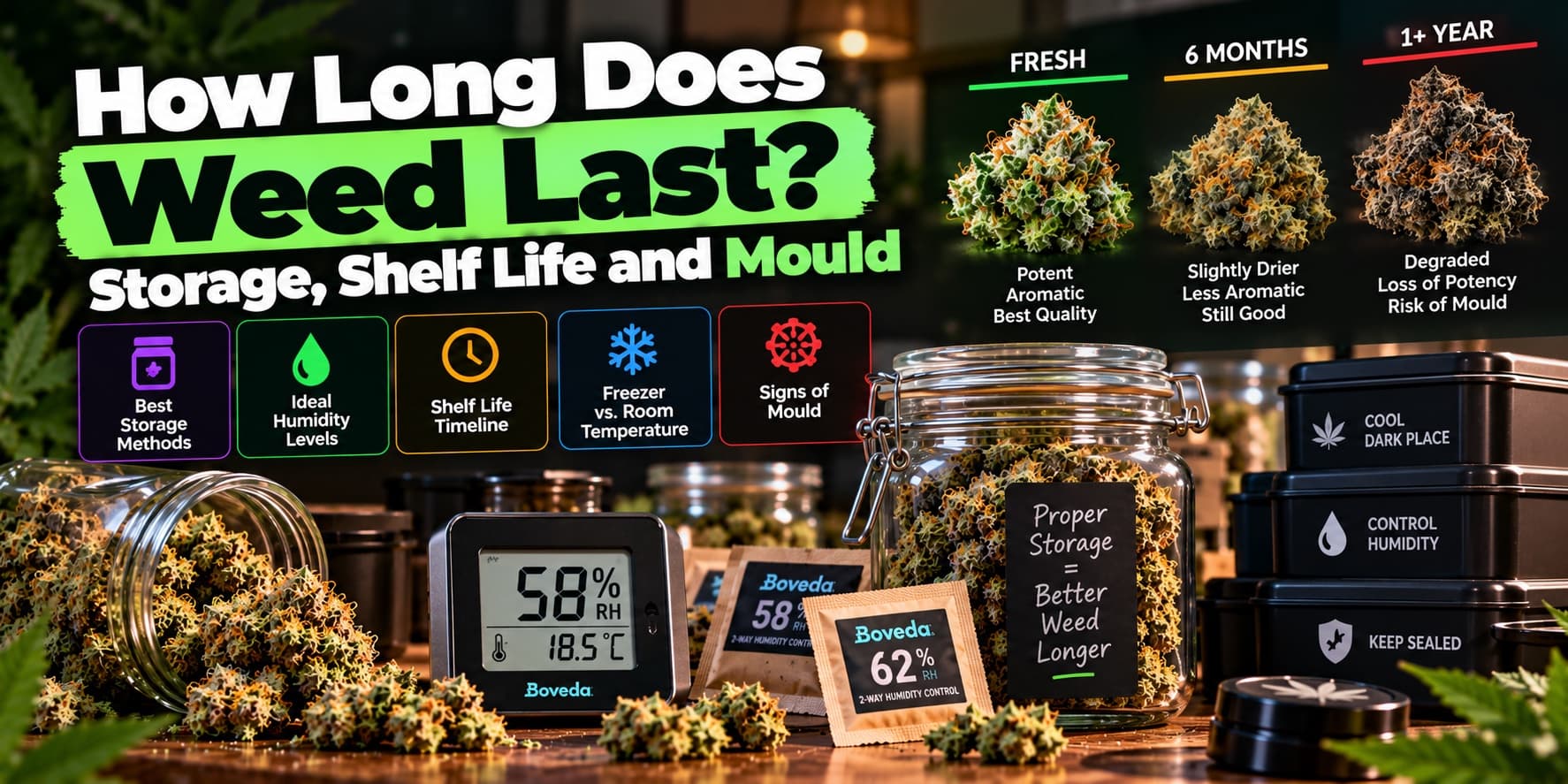 Jars of cannabis with a hygrometer and humidity packs, beside buds shown fresh, at six months and after a year
