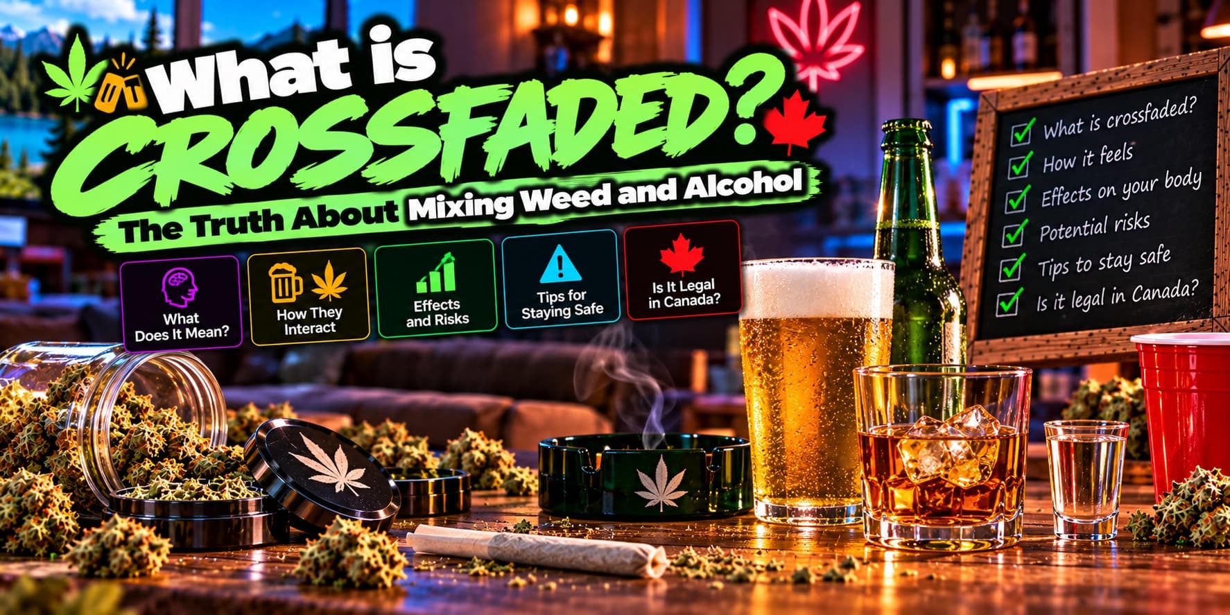 A beer, a glass of whisky and a shot glass beside cannabis buds and a joint, with a checklist on mixing weed and alcohol