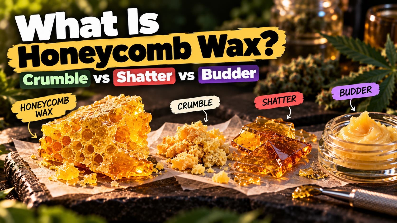 Honeycomb wax, crumble, shatter and budder laid out side by side to compare their textures