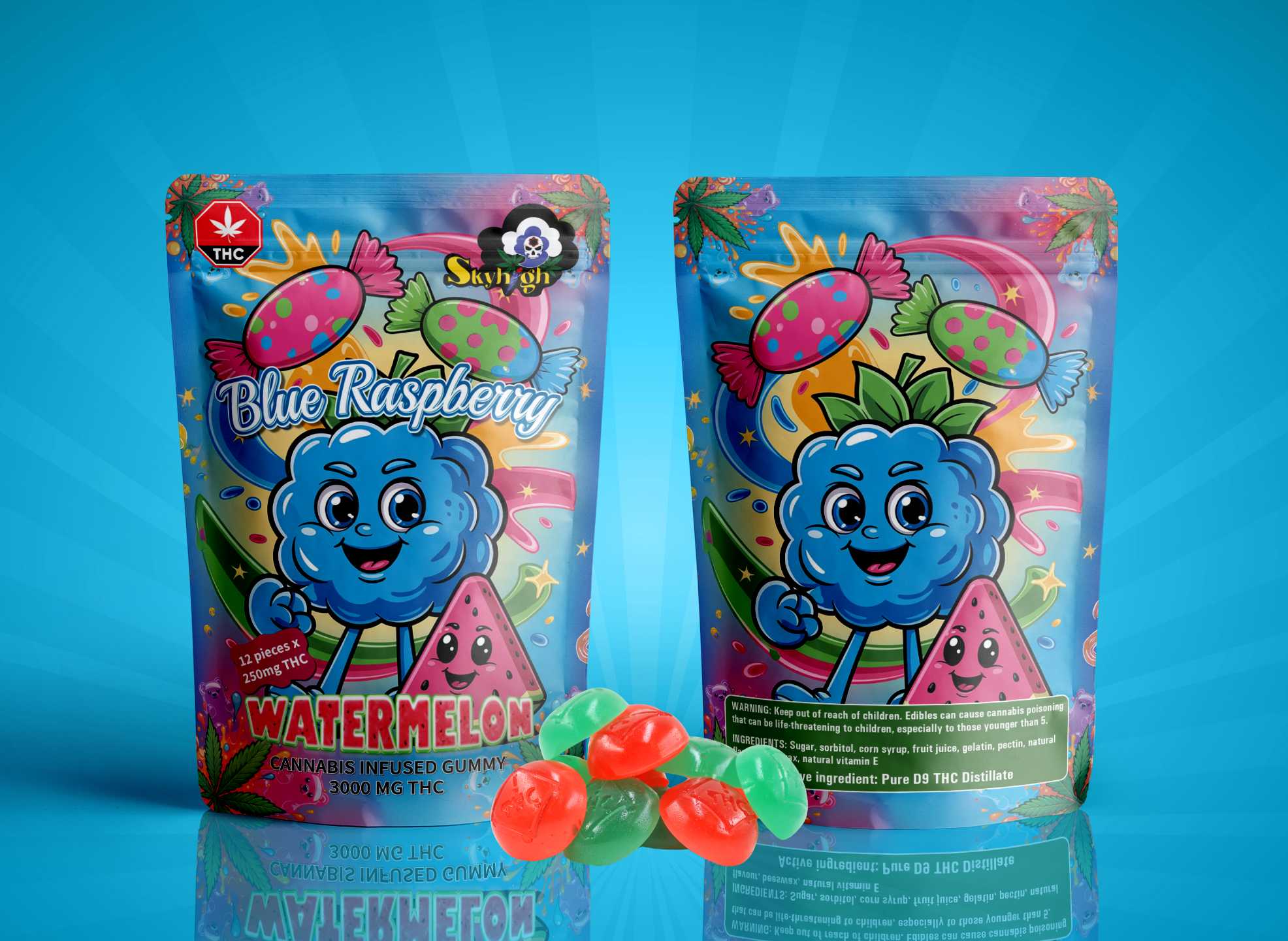 Sky High Edibles – Blue Raspberry + Watermelon Gummy 3000mg THC