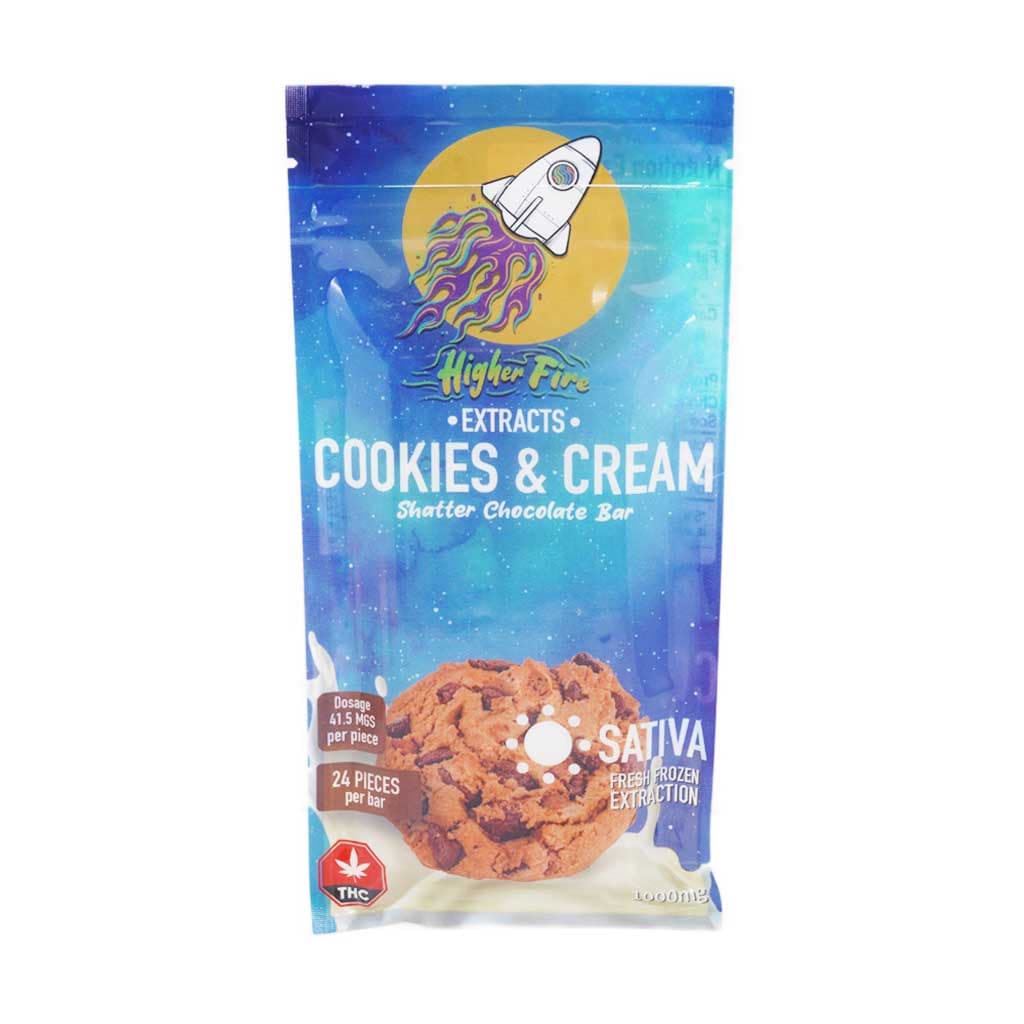 Higher Fire Extracts – Shatter Chocolate Bar – Cookies And Cream 1000MG THC (Sativa)